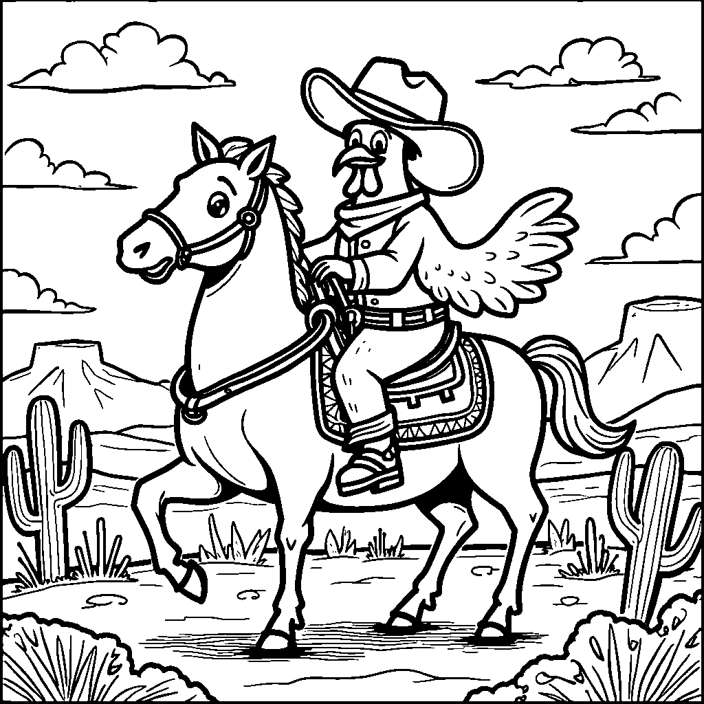 A chicken dressed as a cowboy riding a horse