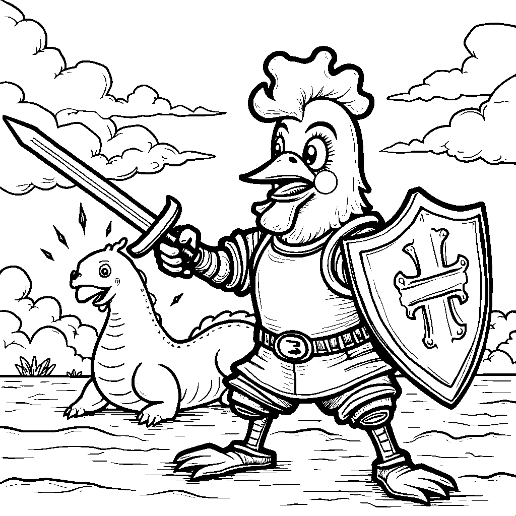 A chicken dressed as a knight fighting a dragon made of clouds