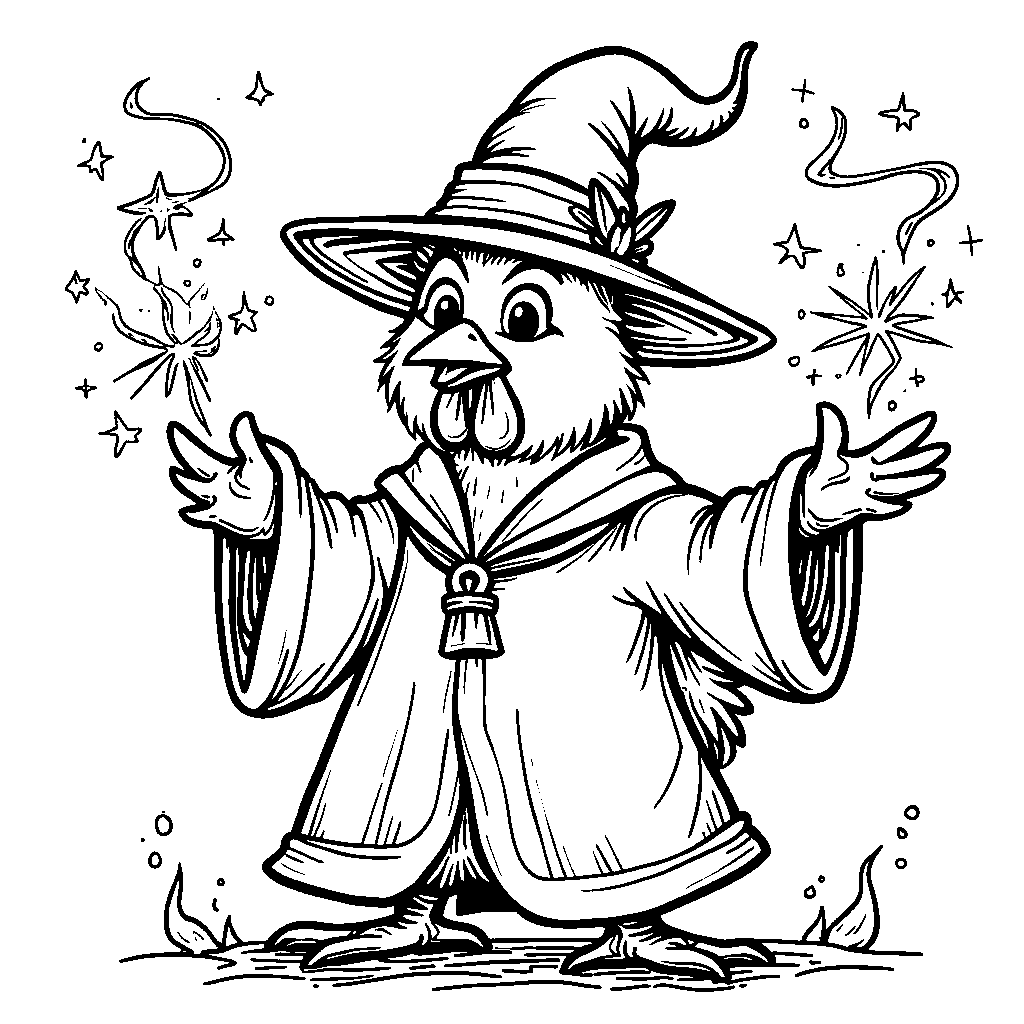 A chicken dressed as a wizard casting magical spells