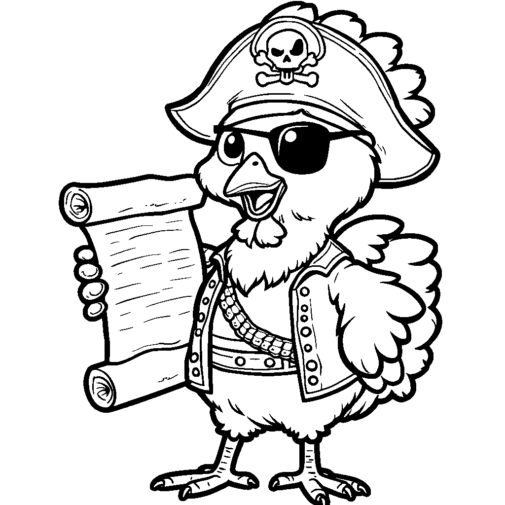 A chicken dressed like a pirate with a treasure map