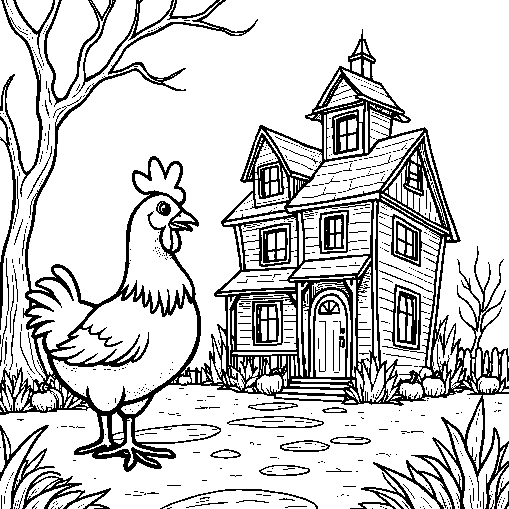 A chicken exploring a spooky haunted house