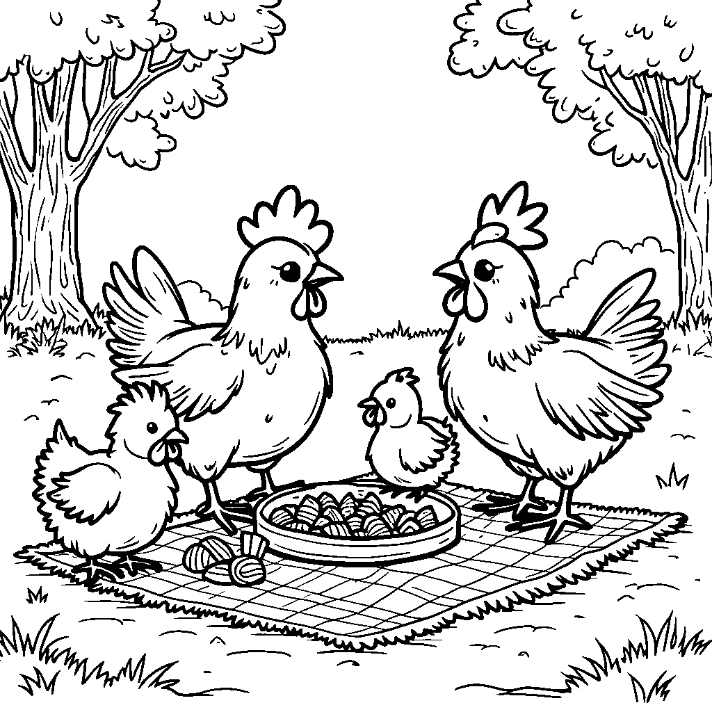 A chicken family having a picnic at the park