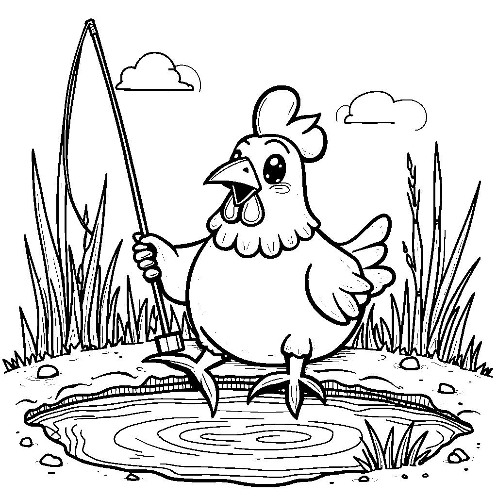 A chicken fishing by a pond with a fishing rod