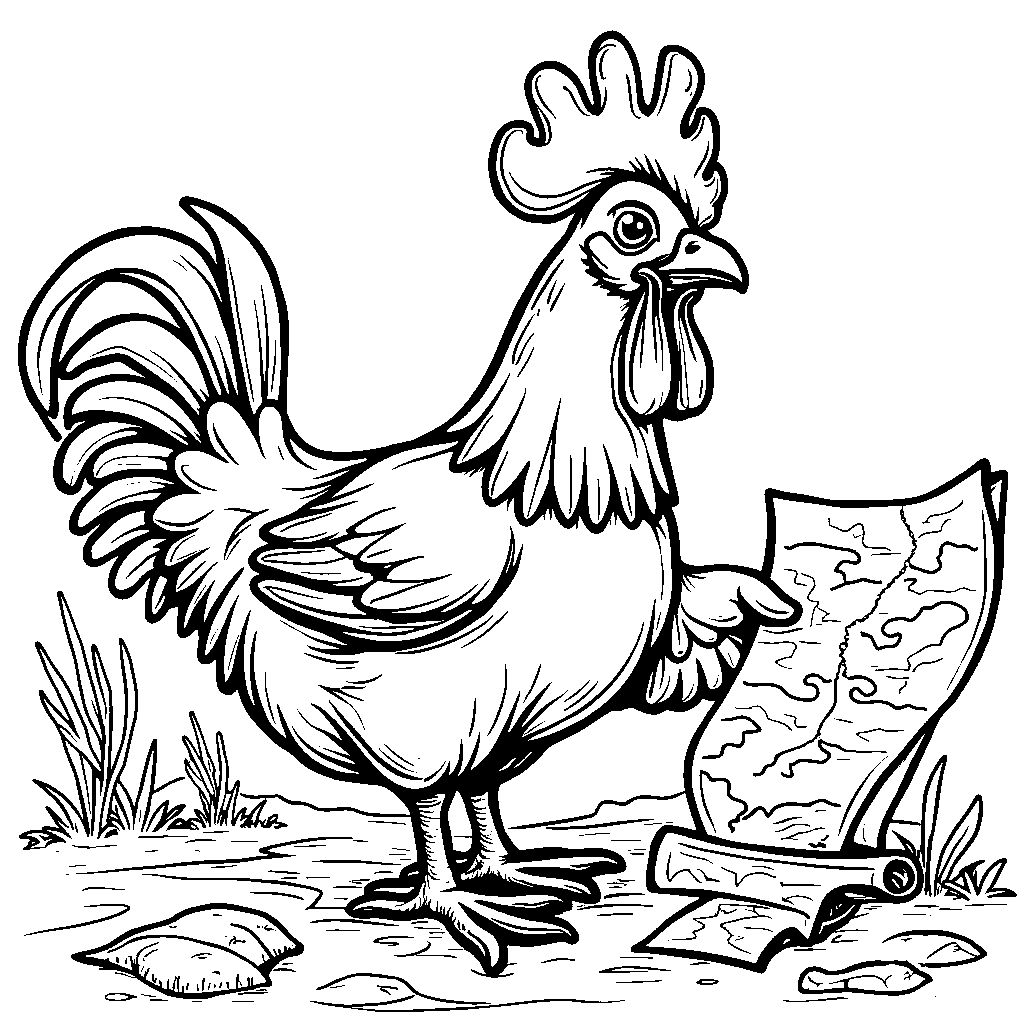 A chicken going on a treasure hunt with a map