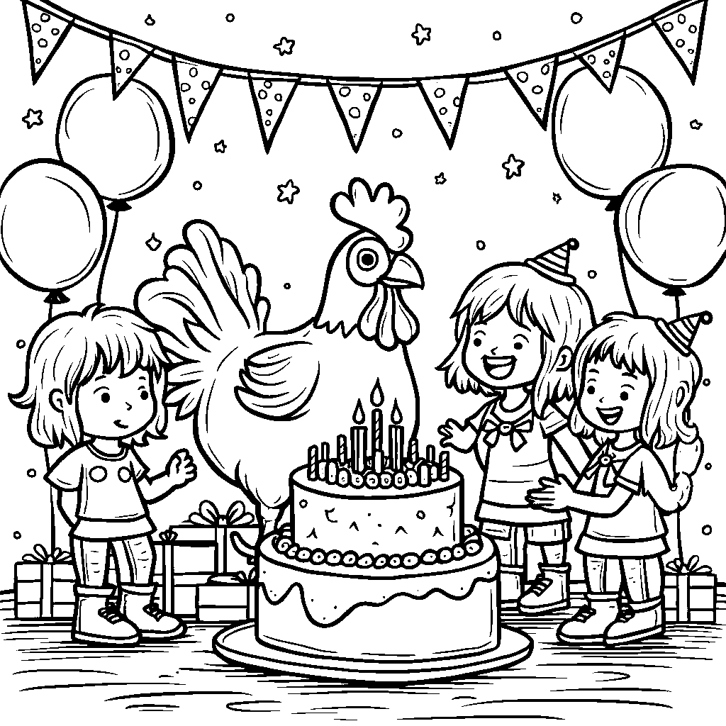 A chicken having a birthday party with a cake and presents