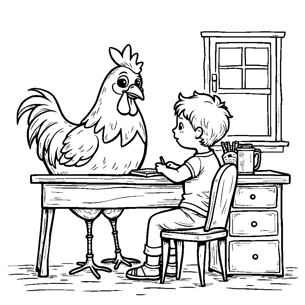 A chicken helping a child with homework at a desk