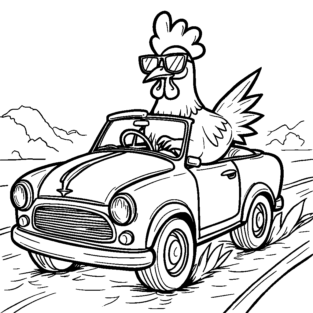 A chicken in a car with sunglasses cruising down the road