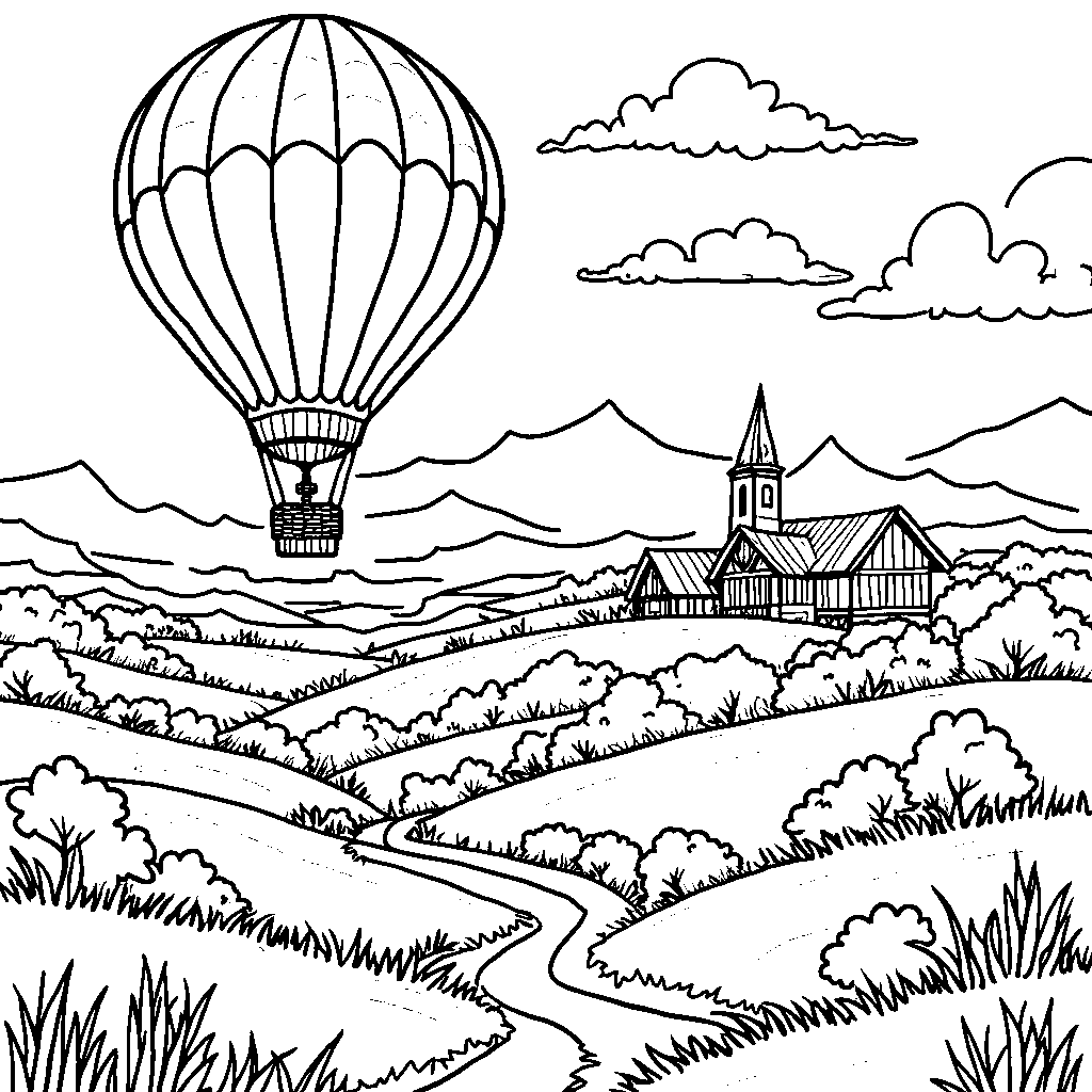 A chicken in a hot air balloon flying over the countryside