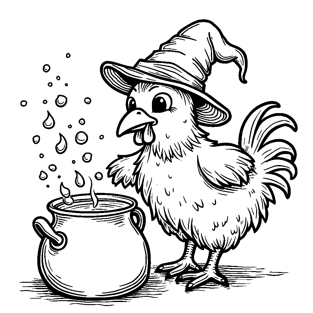 A chicken in a wizard hat stirring a potion in a cauldron