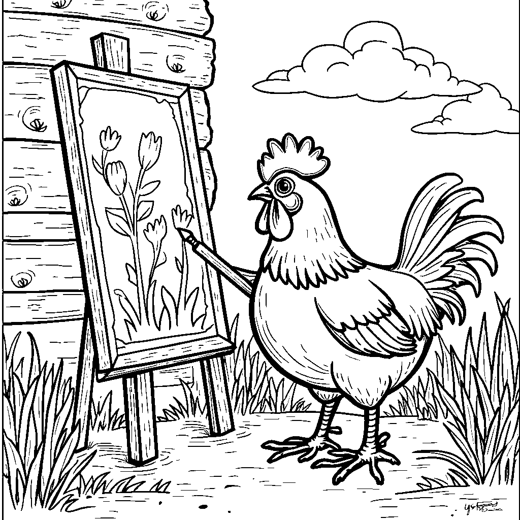 A chicken painting a colorful mural on a wall