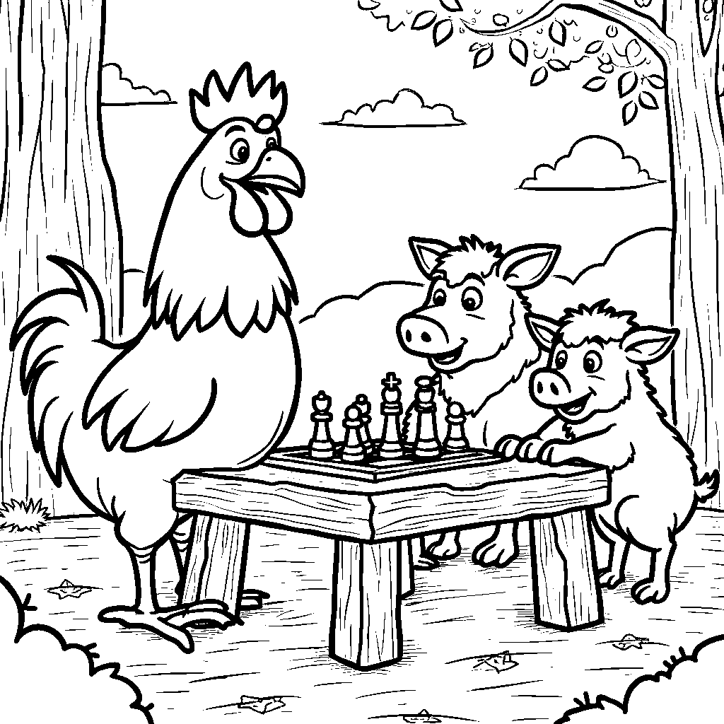 A chicken playing chess with other farm animals