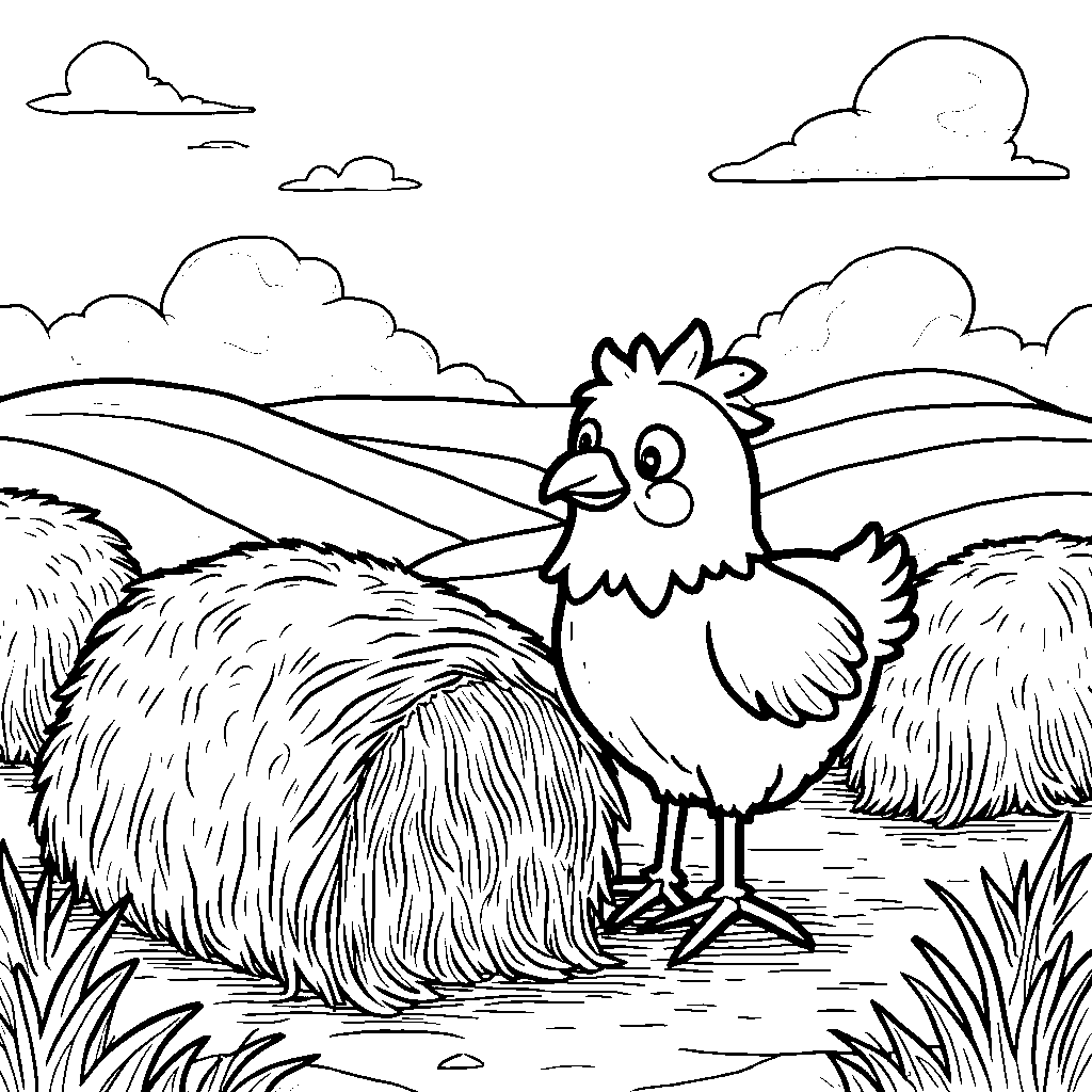 A chicken playing hide and seek among the hay bales