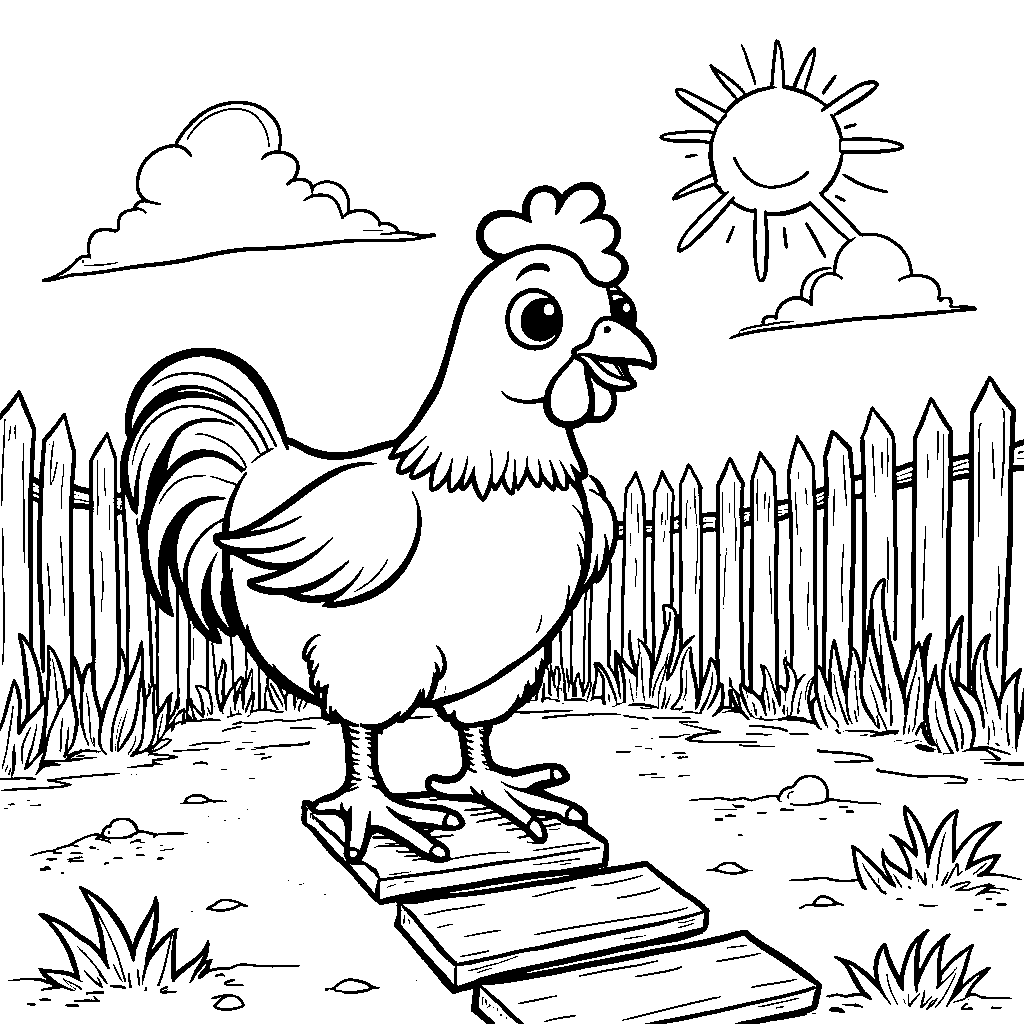 A chicken playing hopscotch on a sunny day