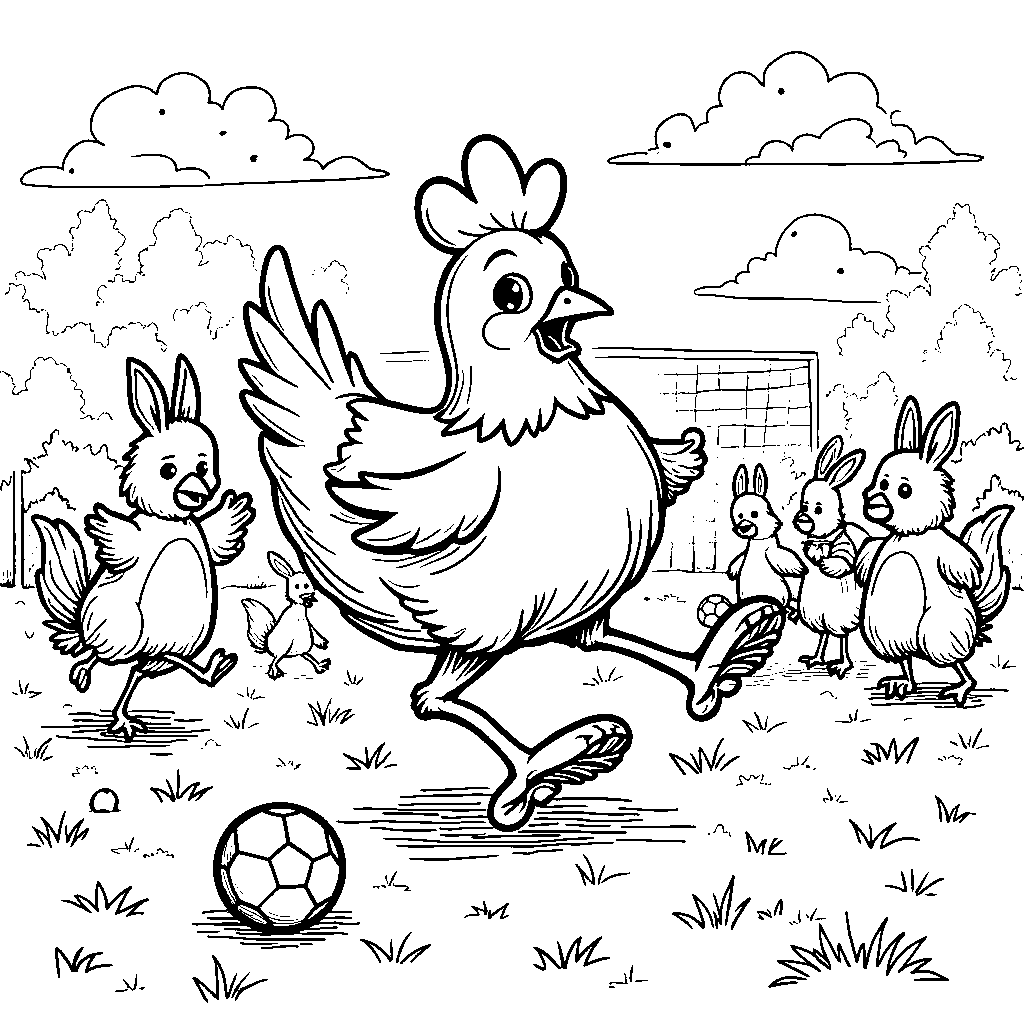 A chicken playing soccer with a group of friends