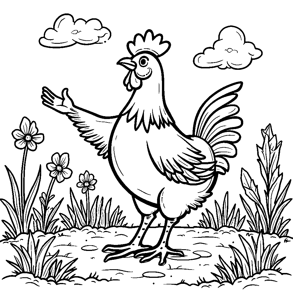 A chicken practicing yoga in a peaceful garden