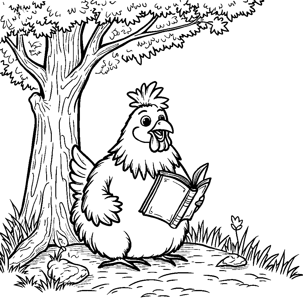 A chicken reading a book under a tree