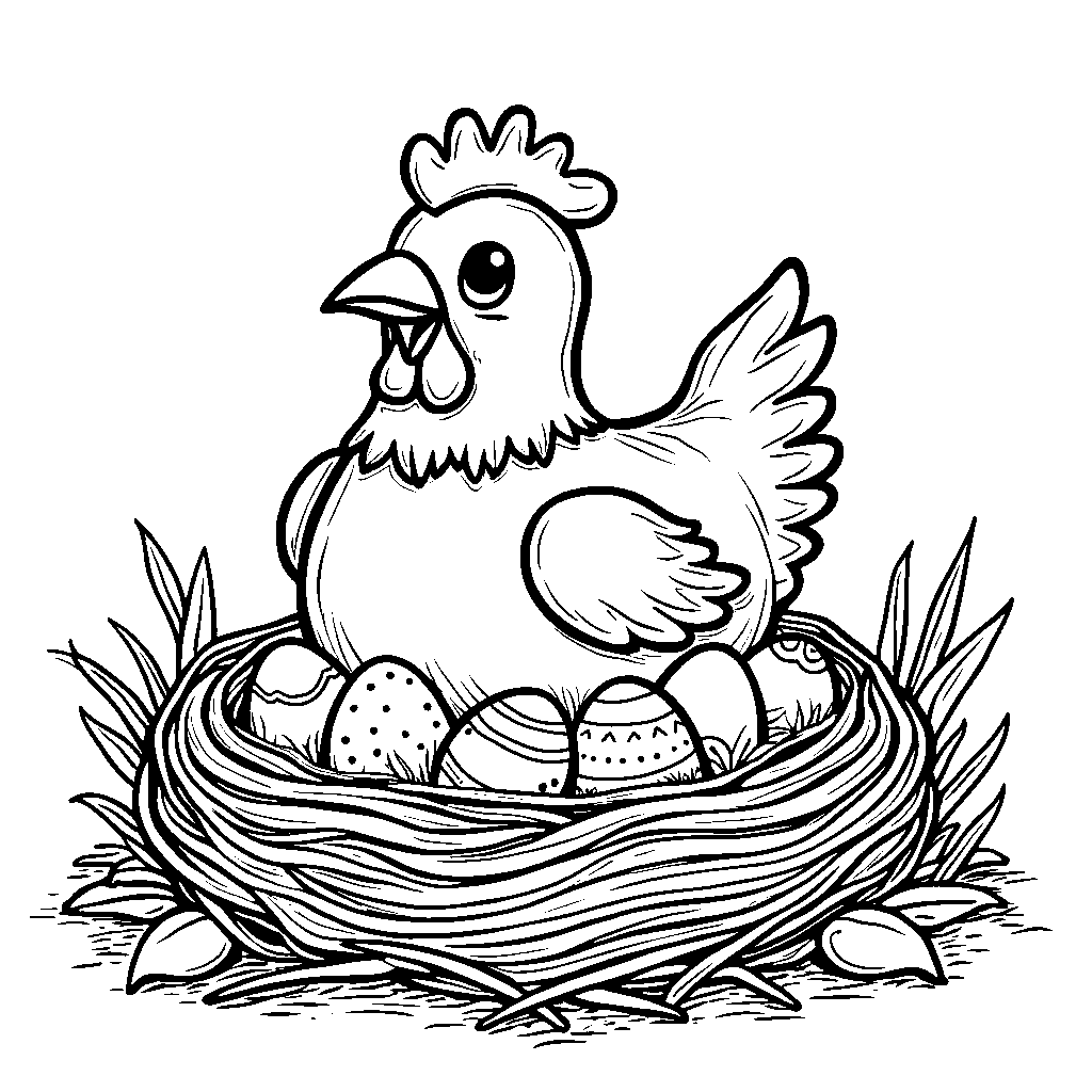 A chicken sitting on a nest full of colorful eggs