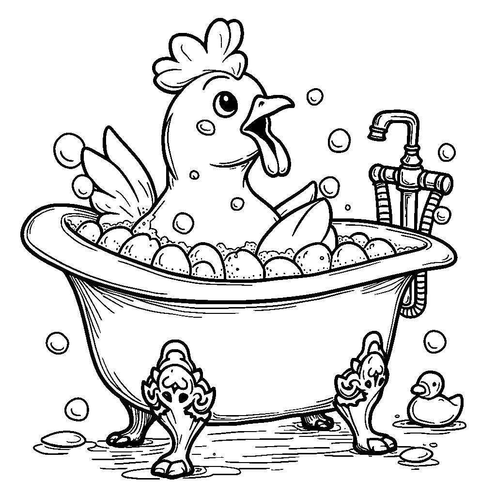 A chicken taking a bubble bath in a fancy bathtub