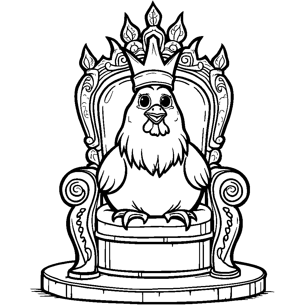 A chicken wearing a crown, sitting on a throne