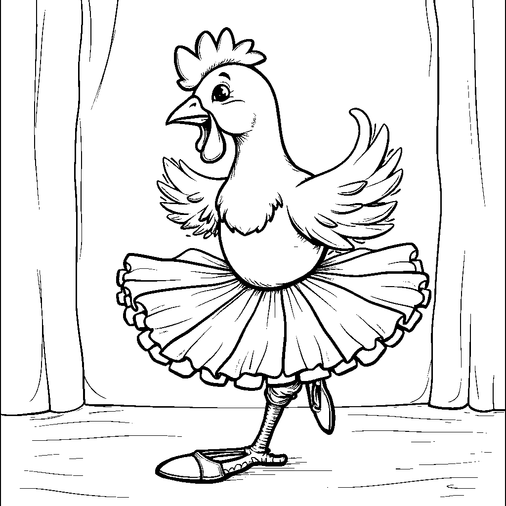 A dancing chicken wearing a tutu and ballet shoes