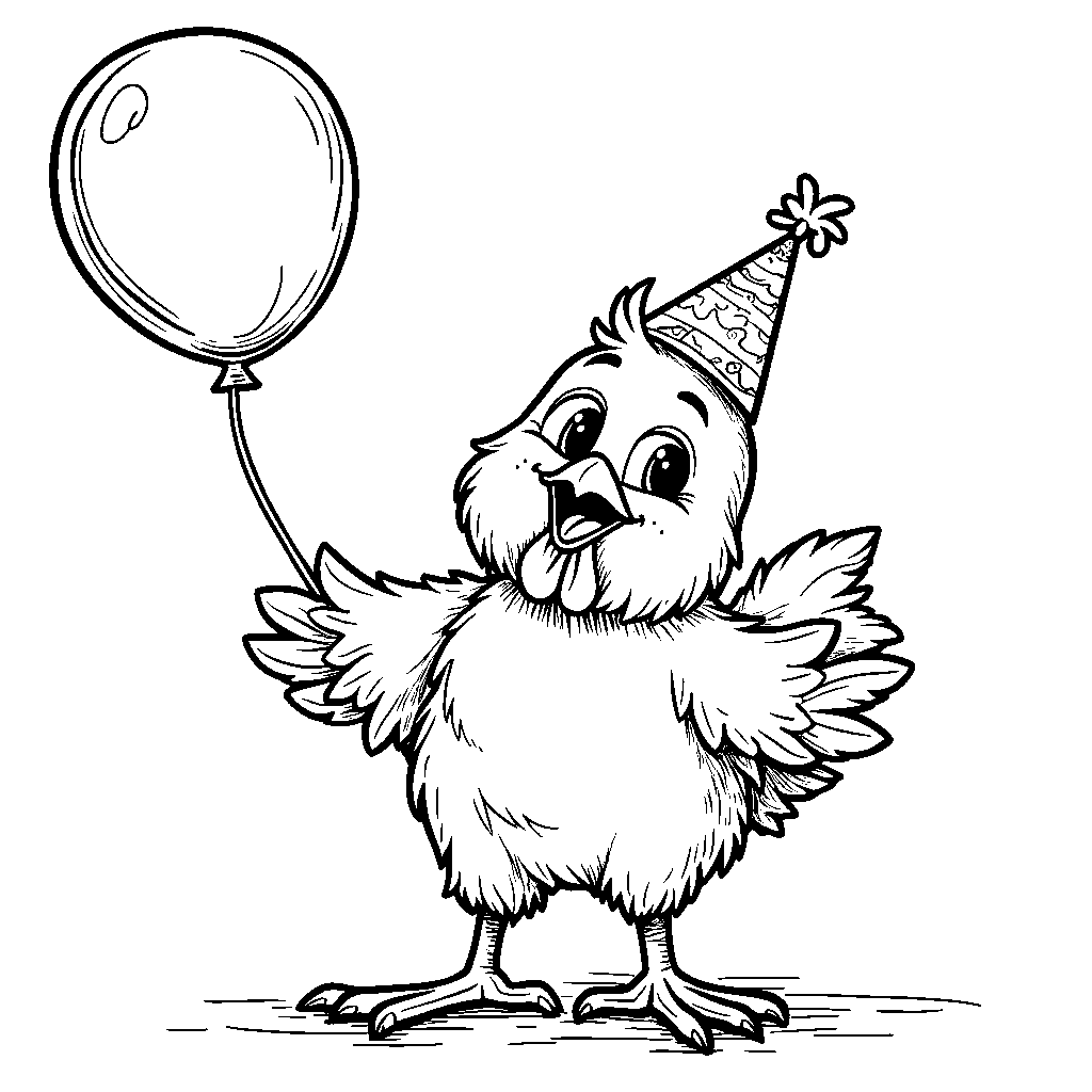 A friendly chicken wearing a party hat and holding a balloon