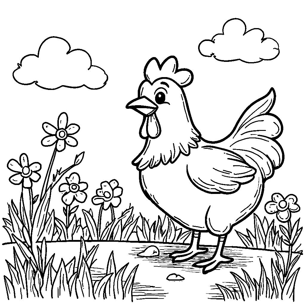 A happy chicken playing in a field of flowers