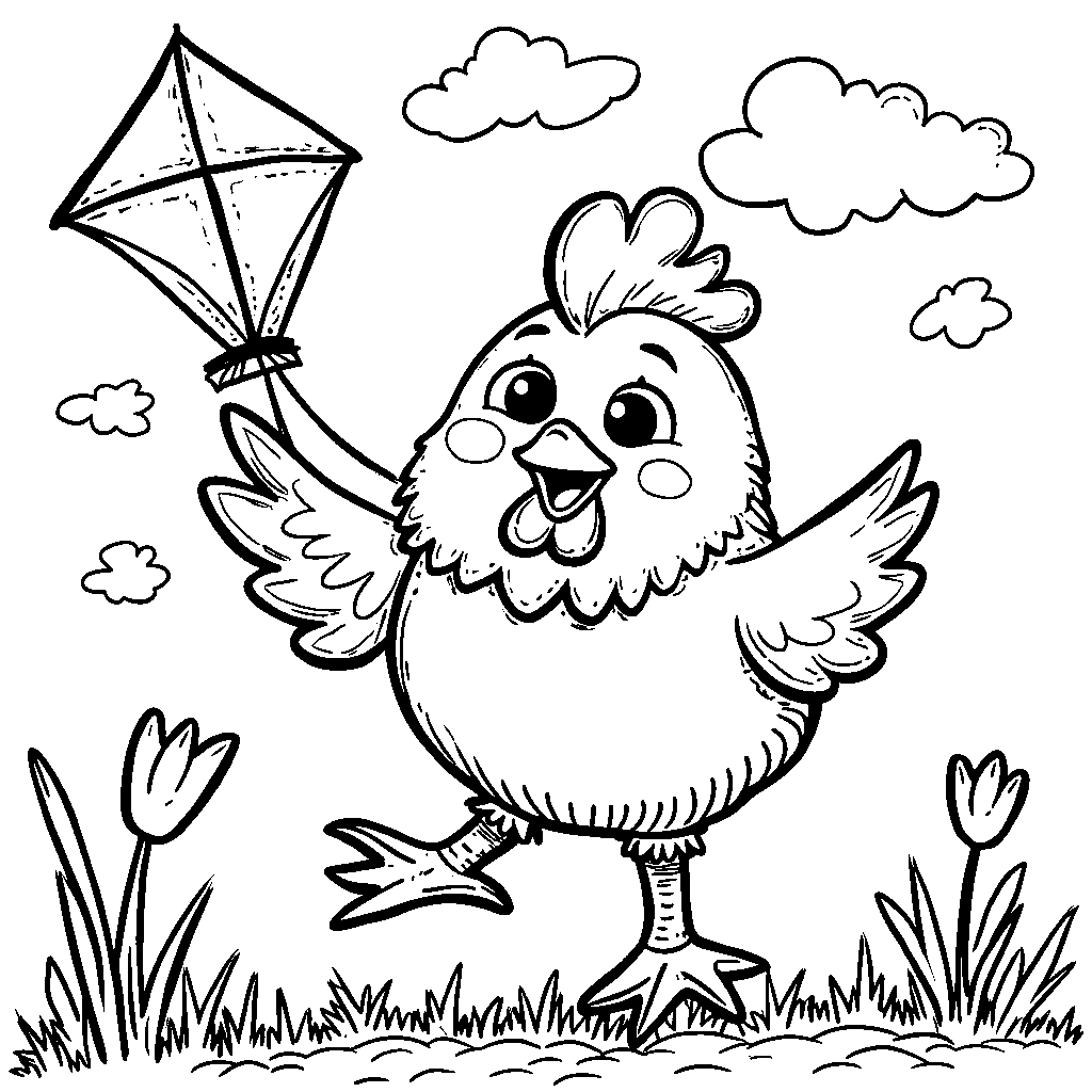 A whimsical chicken flying a kite on a breezy day