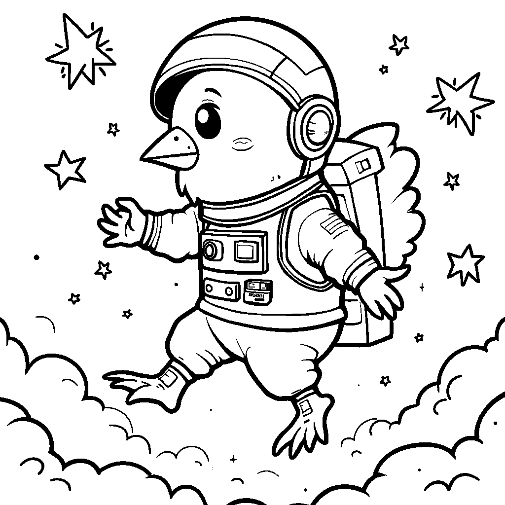 A chicken astronaut floating in space with stars around