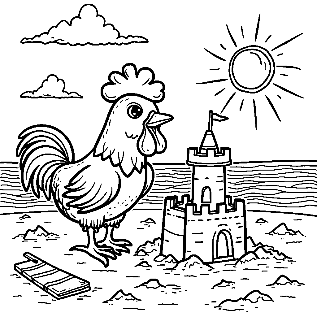 A chicken building a sandcastle at the beach