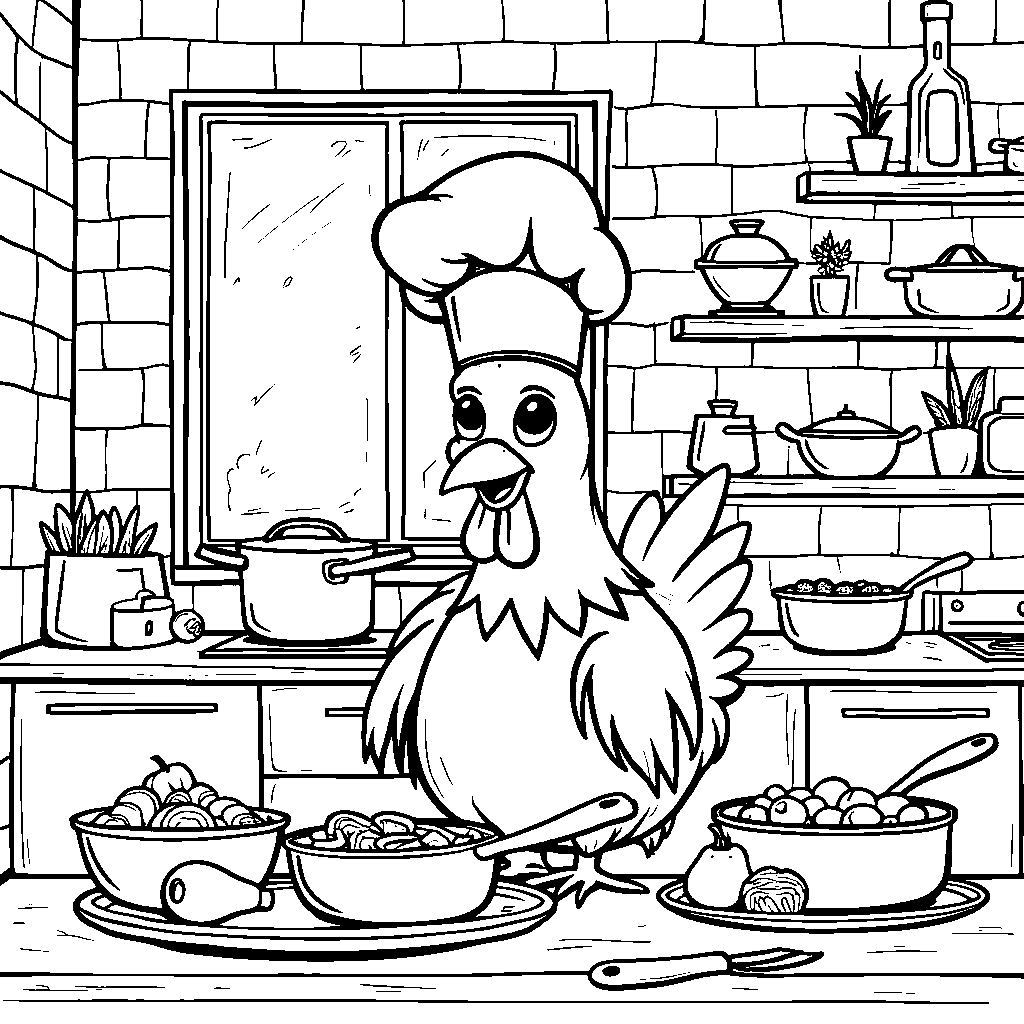 A chicken chef cooking a delicious meal in a kitchen