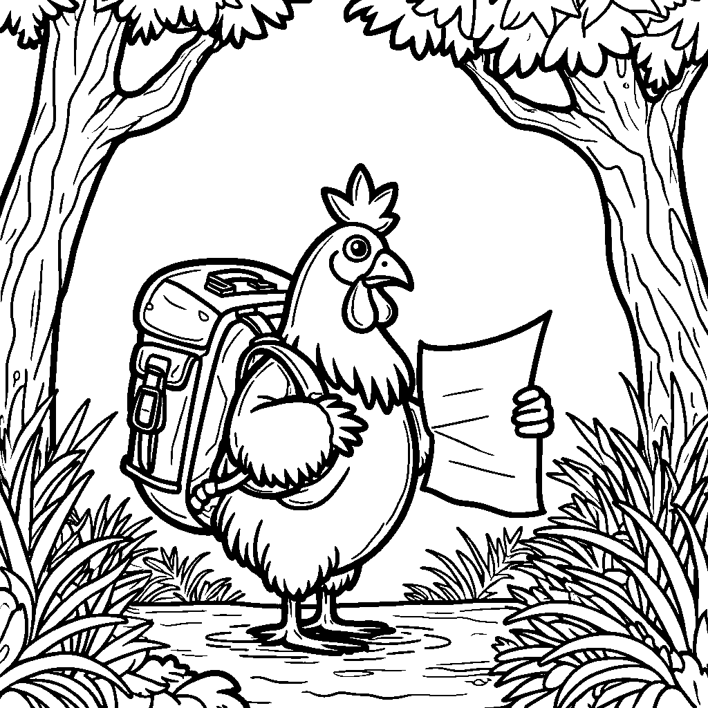 A chicken explorer with a backpack and map in the jungle