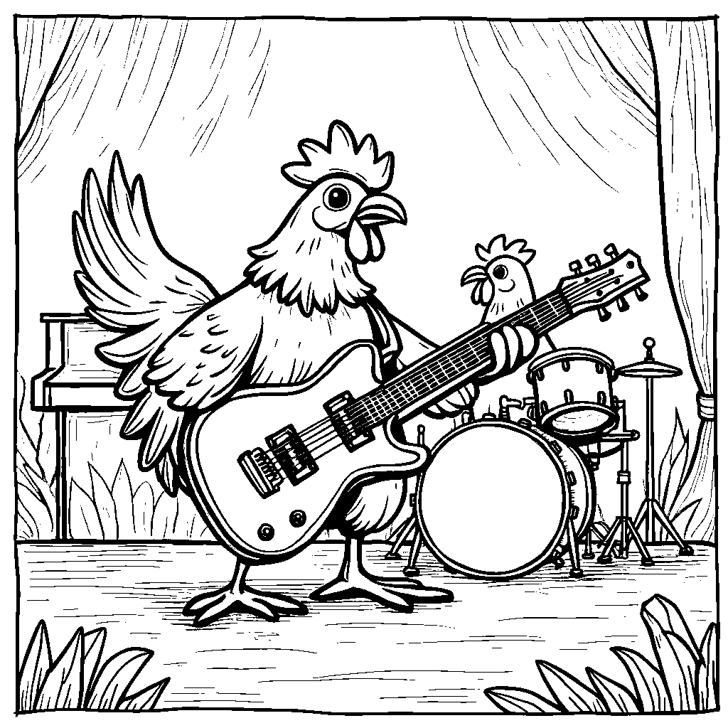 A chicken playing in a band with musical instruments