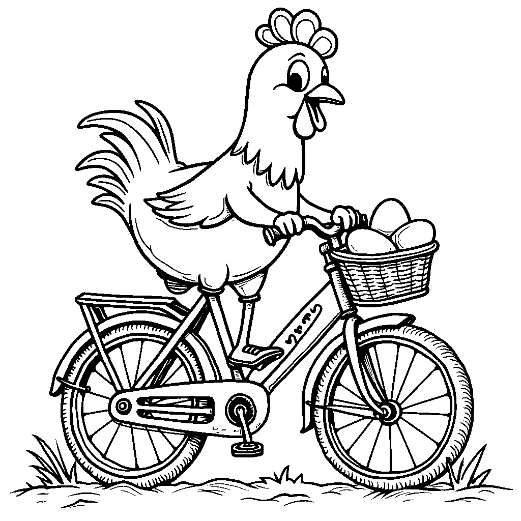 A chicken riding a bicycle with a basket of eggs