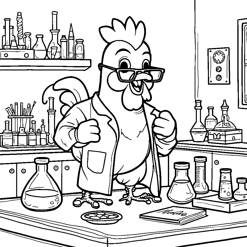 A chicken scientist working in a laboratory with test tubes