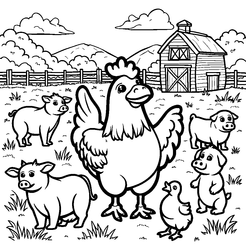 A chicken standing on a farm, surrounded by animals