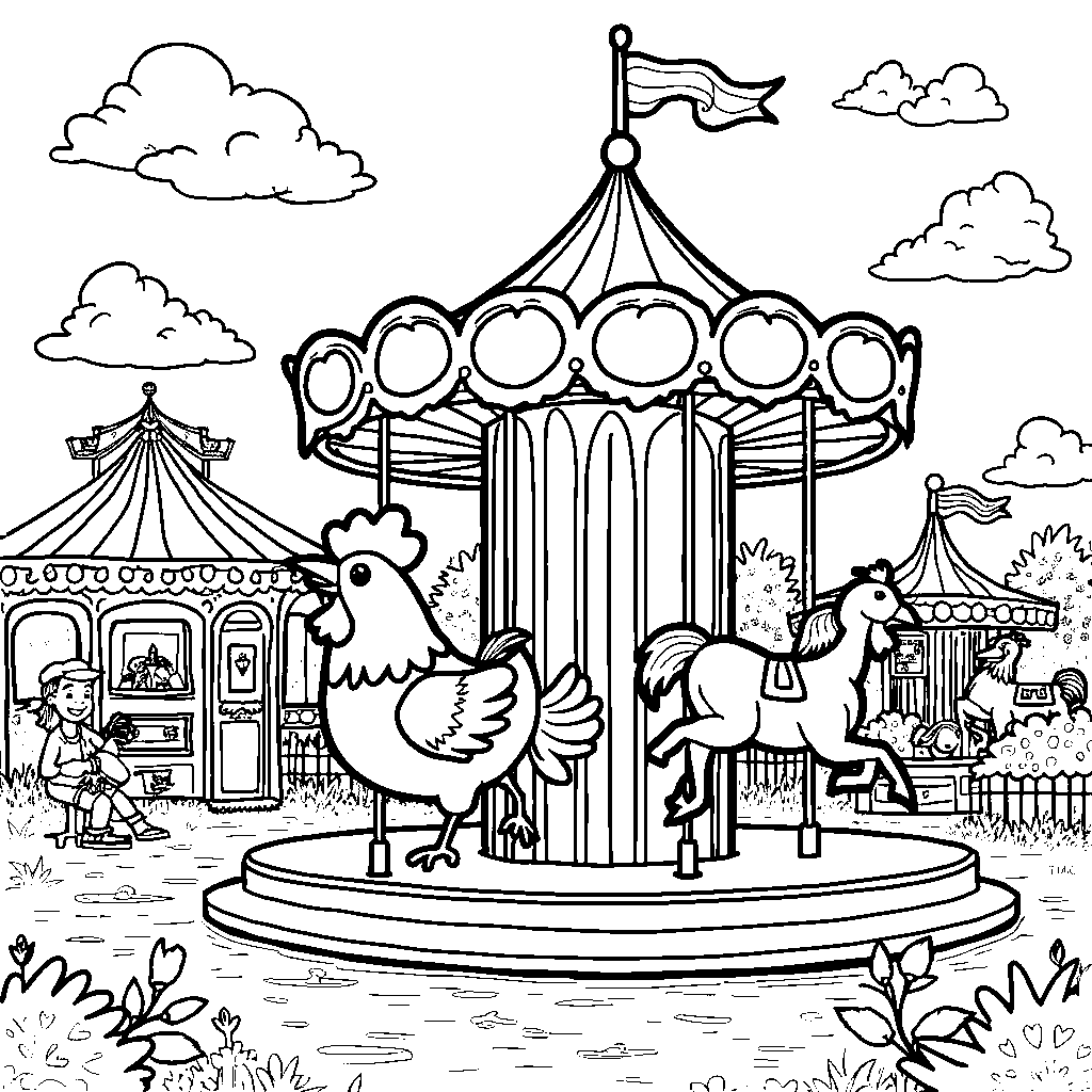 A chicken taking a ride on a carousel at a fair