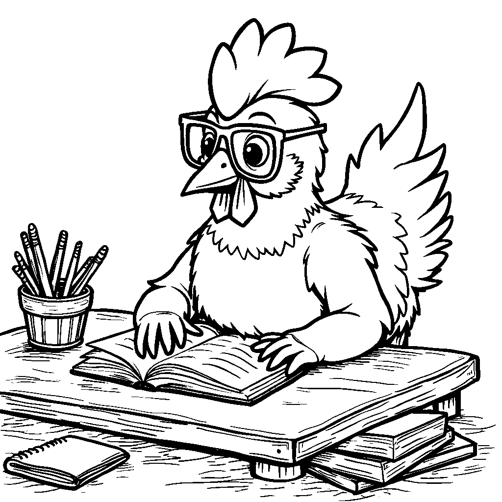 A chicken wearing glasses and studying at a desk