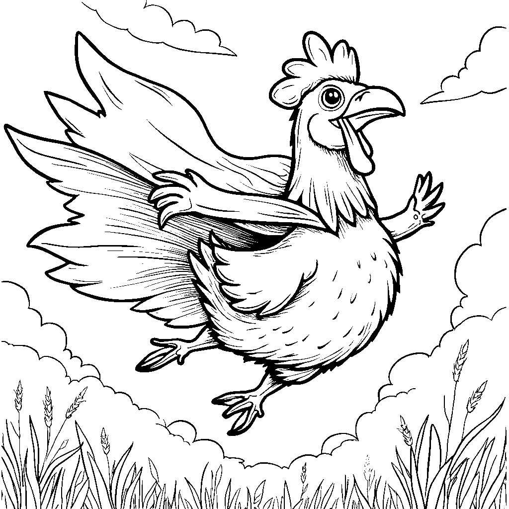 A superhero chicken flying through the sky with a cape