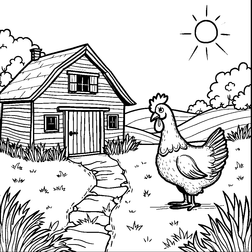 A traditional farmhouse with a chicken roaming around