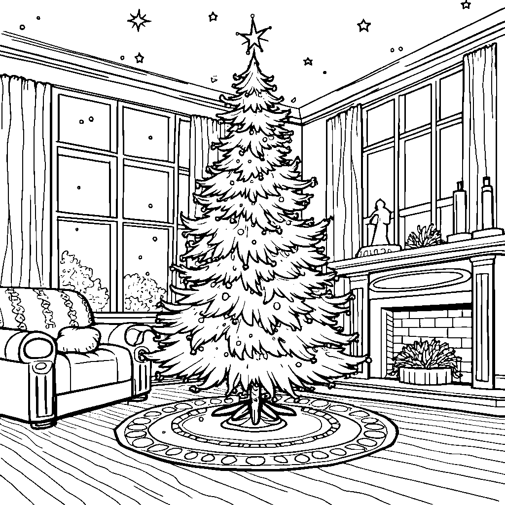 A Christmas tree in a cozy living room