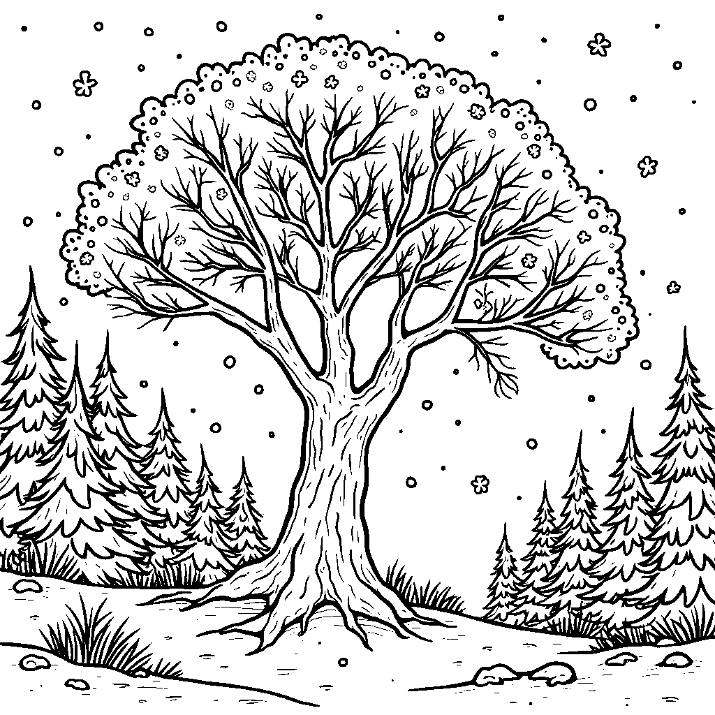 A magical tree growing in a snowy forest