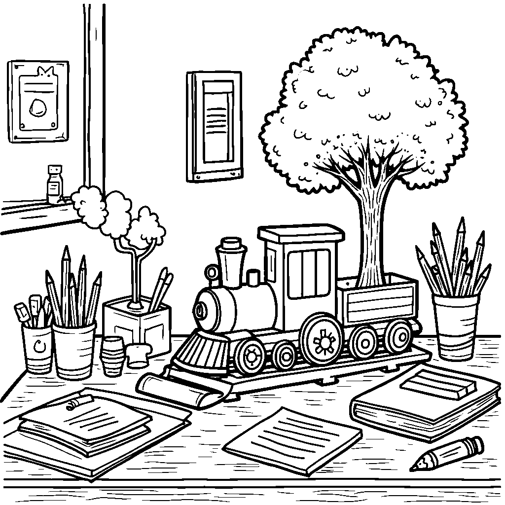 A tiny tree on a desk with a miniature train around it