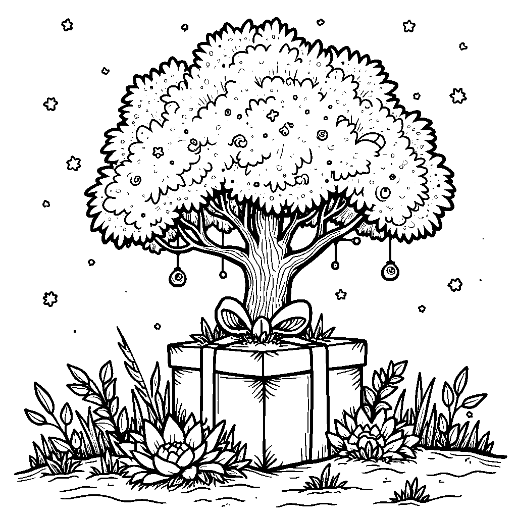 A tree growing out of a giant present