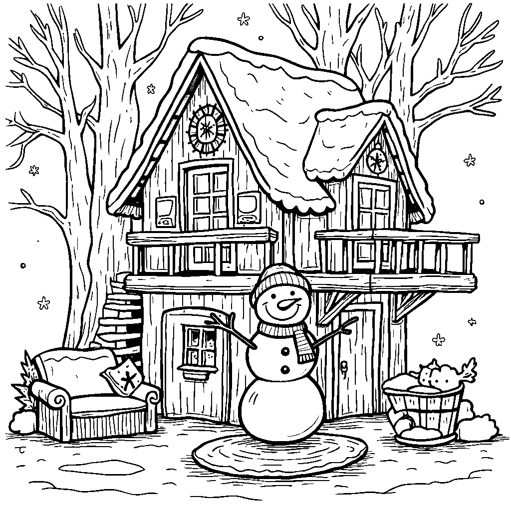 A tree that's a home for a friendly snowman