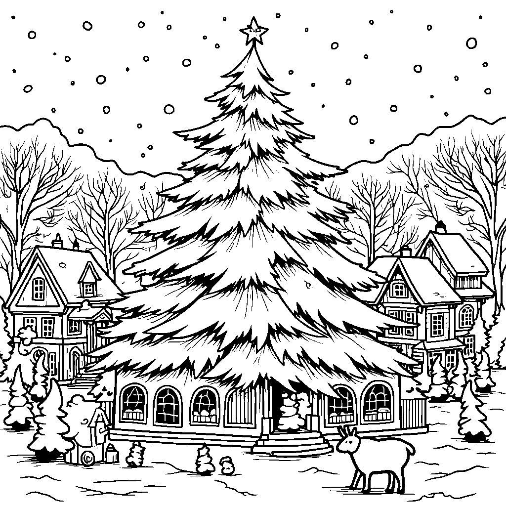 A tree with a festive holiday village around it