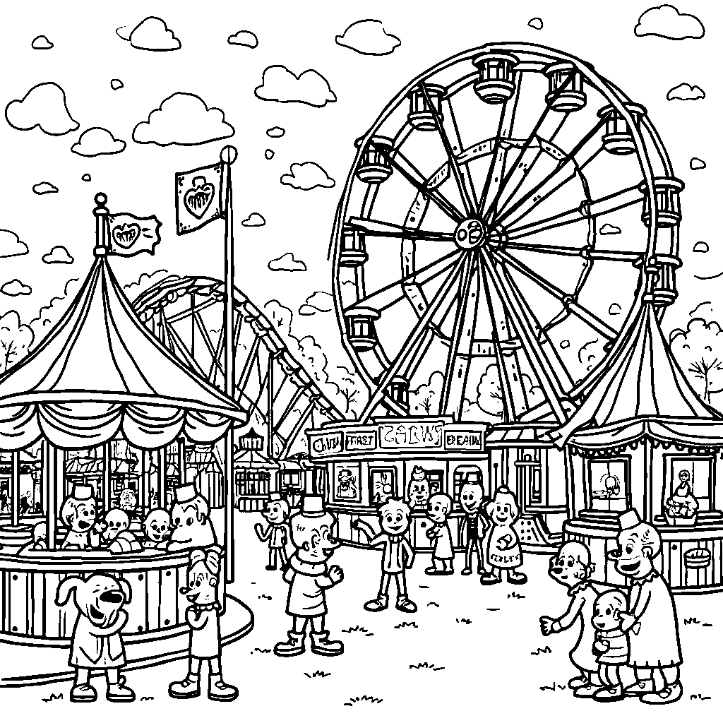 A carnival with rides and games where all the characters are having fun