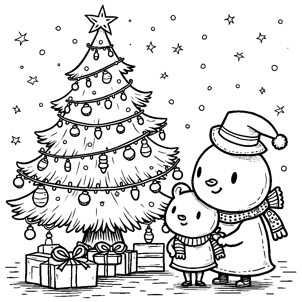 A festive holiday scene with Cocomelon characters decorating a tree