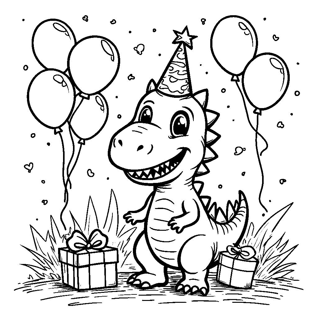 A friendly dinosaur wearing a party hat at a birthday bash