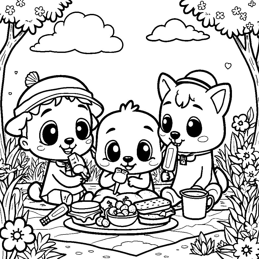 A garden picnic scene with Cocomelon friends and their favorite snacks