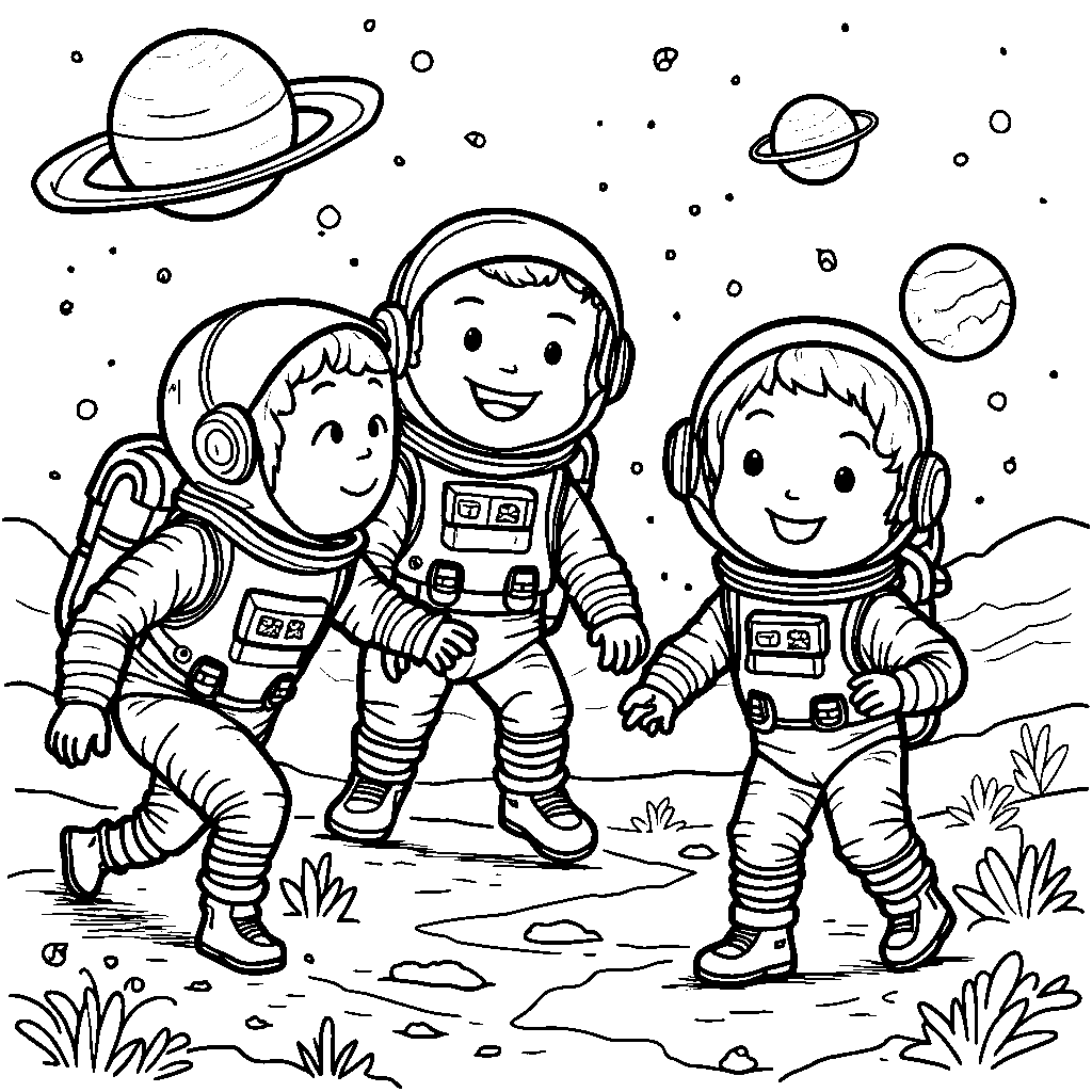 A space scene with JJ and friends as astronauts discovering new planets